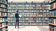 A stylish librarian employs AI for precise book recommendations in a quiet  modern literary setting  orderly shelves