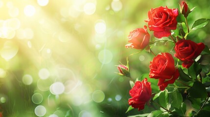 Wall Mural - Red roses in garden on blurred green background with sunlight. Copy space.