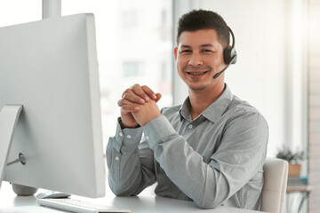 Sticker - Portrait, hand together and man with computer, call center and smile with corporate professional, internet and customer service. Face, agent or insurance consultant with pc, tech support or help desk