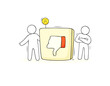 Dislike icons with thumb down symbol. Doodle people standing with square button with sign of bad, negative reaction, vector hand drawn illustration