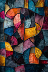 an image of a quilt with complex geometric patterns, each patch a different color and shape, meticul