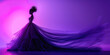 Elegant woman in a purple dress standing gracefully in front of a glowing purple light
