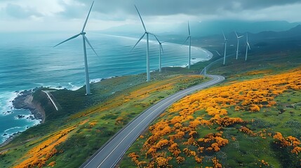 Wall Mural - Coastal Beauty and Sustainable Progress: Aerial Wind Farm View