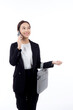 Beautiful portrait young business asian woman holding a briefcase and talking phone with professional isolated white background, confident businesswoman holding document bag and speak on smartphone.