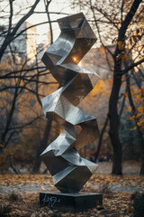 Poster - An image of a kinetic sculpture in a public park, where balanced geometric shapes move and rotate wi