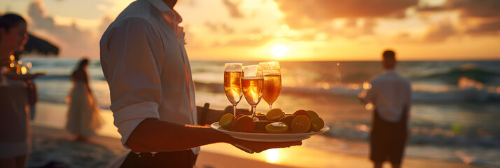 Sticker - Waiter serving beach champagne party at sunset. 