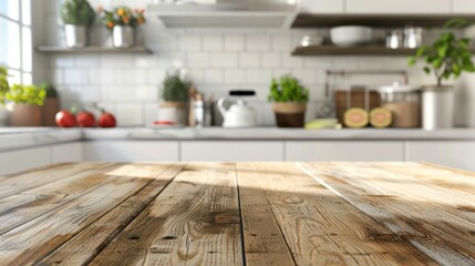 Sticker - Empty wooden table top with blurred kitchen interior background for product display montage, 3D rendering.