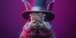 Elegant Rabbit Wearing Top Hat in Pink Lighting on Purple Background