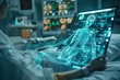 Futuristic digital medical display on tablet showing detailed human anatomy with holographic elements in hospital room, doctor examining patient's body using virtual reality technology for health care