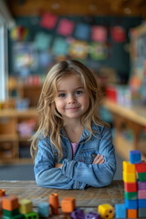 Wall Mural - An image of a kindergarten teacher organizing learning stations, each designed to help develop diffe