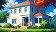 colonial house in landscape anime cartoon illustration from Generative AI