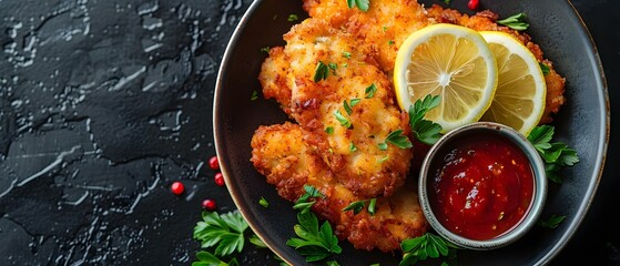 Wall Mural - Spanish-Style Breaded Chicken Parmesan with Lemon Slices: Known as Escalopes or Milanesas. Concept Spanish Cuisine, Breaded Chicken, Lemon Slices, Escalopes, Milanesas