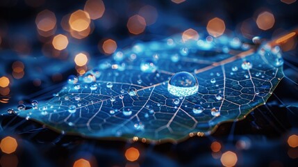 Aufkleber - Isolated modern illustration of abstract blue water droplets falling from a green plant leaf. Low poly design with blue geometric background. Wireframe light connection structure. Modern 3D graphic