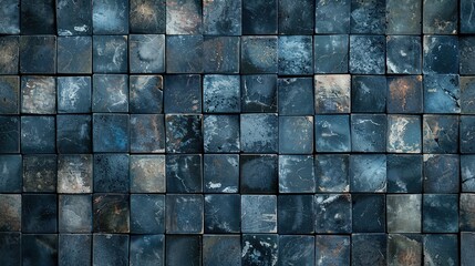 Wall Mural - Seamless dark grunge blue square mosaic concrete cement stone wall tiles pattern texture wide background banner