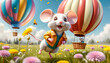 A cheerful, positive cute mouse - a dreamer wants to fly in a hot air balloon