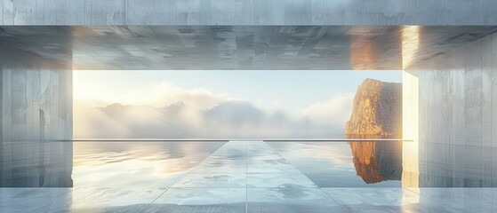 Fototapete - A 3D rendering of a futuristic abstract glass architecture on an empty concrete floor.