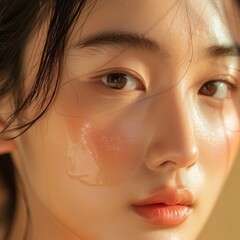 A closeup of an Asian woman's face with cream on her cheek, featuring soft lighting and a beige background.