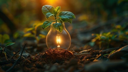 Aufkleber - On a soil background, there is a growing green plant with a silhouette of a light bulb