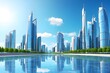 image of a smart city's contemporary skyscrapers, a futuristic financial area with buildings and reflections, and a blue background with warm sun rays for a corporate and business template View Less –