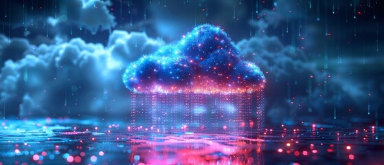 Fototapete - Cloud computing concept with digital data storage in the shape of an icon displaying a cloud with digital rain, made up of square bits and neon lines. Computer network connects to cloud storage or