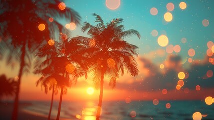 Poster - Summer Vacation With Silhouettes Of Tropical Palm Trees During Sunset Featuring Vintage Tone And Bokeh Lights