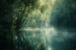 A tranquil landscape photograph depicting a peaceful scene of nature, with soft sunlight filtering through the trees and reflecting off a calm body of water. 