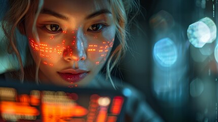 Leinwandbilder - An employee, employee or developer working late on futuristic technology or code overlay with a tablet and hologram at night in web design with a dashboard, interface, or hud display.