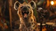 A hyena as a standup comedian entertaining multispecies crowds