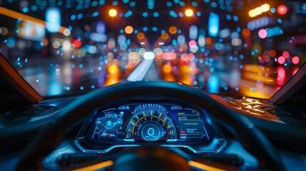 Fototapete - The cockpit of an autonomous vehicle at night, with a digital speedometer and a HUD (Head Up Display)