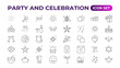 Party celebration thin line icons set. Birthdays, holidays, events, festive. Basic party elements collection. Vector simple linear design bundle of thirty happy birthday flat style and lettering.