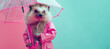 Cute girlish hedgehog in pink raincoat holding open transparent umbrella, prepared for wet weather