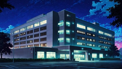 Wall Mural - hospital building at night in landscape anime cartoon illustration from Generative AI