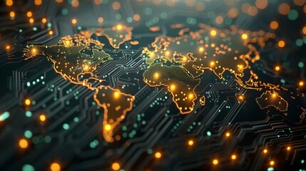 Fototapete - Digital transformation concept, circuit board pattern combined with world map globe