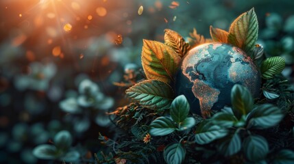 Poster - Image of realistic earth with leaves on top, symbolizing Earth Day or Environment Day