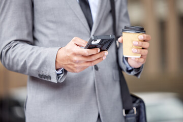 Aufkleber - Business man, phone and travel for coffee in city, planning and networking for company deal. Male person, latte and app for conversation in urban town, legal website and lawyer for contact or commute