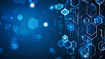 Wall Mural - A blue abstract technology animated background with white hexagon and circuit lines