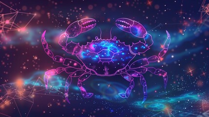 Canvas Print - Cancer horoscope sign on a galaxy star background with a wireframe crab graphic