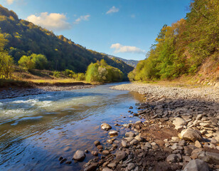 Wall Mural - Mountain river in the spring forest. Panoramic view.