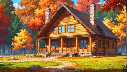 Wall Mural - log cabin house autumn in landscape anime cartoon illustration from Generative AI