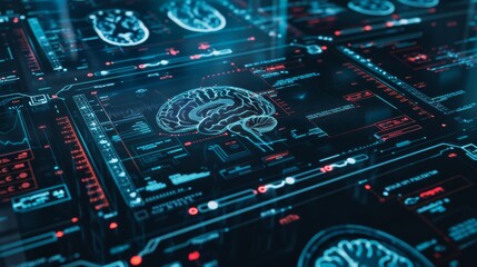 Fototapete - A conceptual view of medical technology, a MRI scan with a digital brain analysis interface