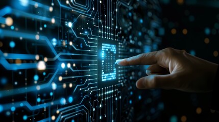 Aufkleber - The AI with machine deep learning and data mining and another modern computer technologies UI by hand touching the CPU icon.