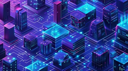 Fototapete - An isometric illustration of a smart city created from a microchip with buildings and electronic patterns
