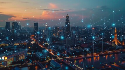 Aufkleber - A wireless network and connection technology concept with an abstract Bangkok city background