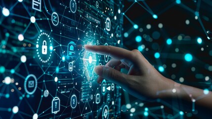 Fototapete - Hand in hand with telecommunications network and wireless internet technology of global business, fintech, and blockchain.