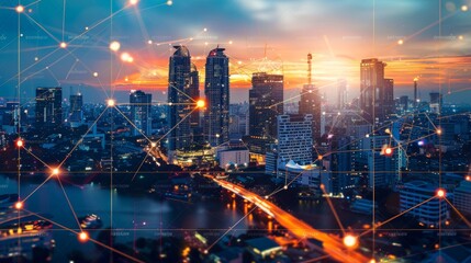 Aufkleber - A wireless network and connection technology concept with a Bangkok abstract city background.