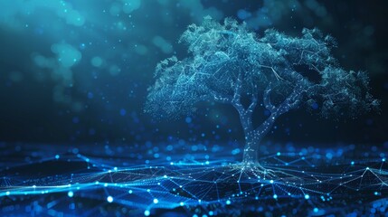 Aufkleber - Blue cyber polygon tree concept with futuristic element of network technology or big data