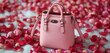 A trendy bucket bag in soft blush pink, lying gracefully on a bed of rose petals, exuding romantic charm and femininity