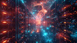 A data center bathed in light orbits through cosmic realms  representing a vision of limitless storage among the stars
