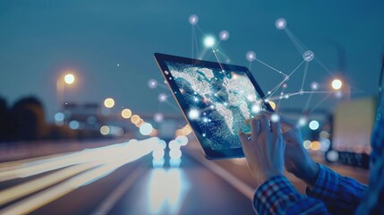 Aufkleber - The hand of a businesswoman uses a digital tablet computer of a global logistics network distribution and transportation interface, smart logistics, and the future of transport in the modern era.