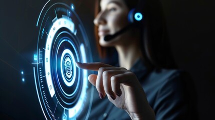 Leinwandbilder - Concept of businesswoman touching virtual screen buttons at customer support call centers.